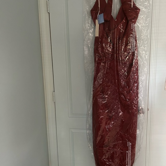 Charmeuse halter bridesmaid dress - color is Cinnamon - Picture 4 of 5